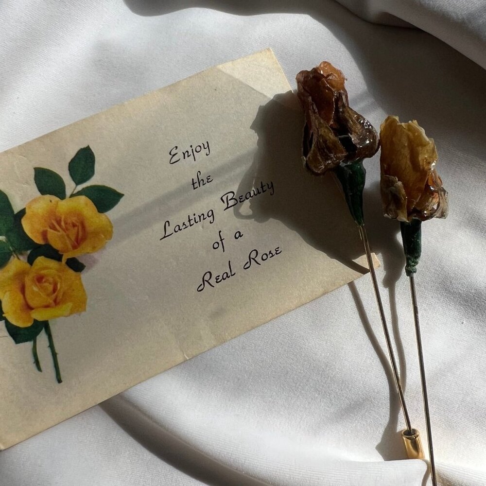 Vintage 1982 Real Yellow Roses Costume Estate Gold Tone Stick Pins Set of 2